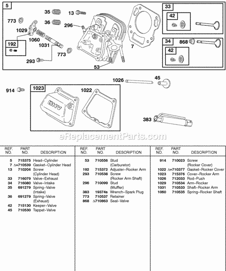 Cylinder Head Valves Diagram and Parts List for 247437-0111-B1  Briggs and Stratton Engine